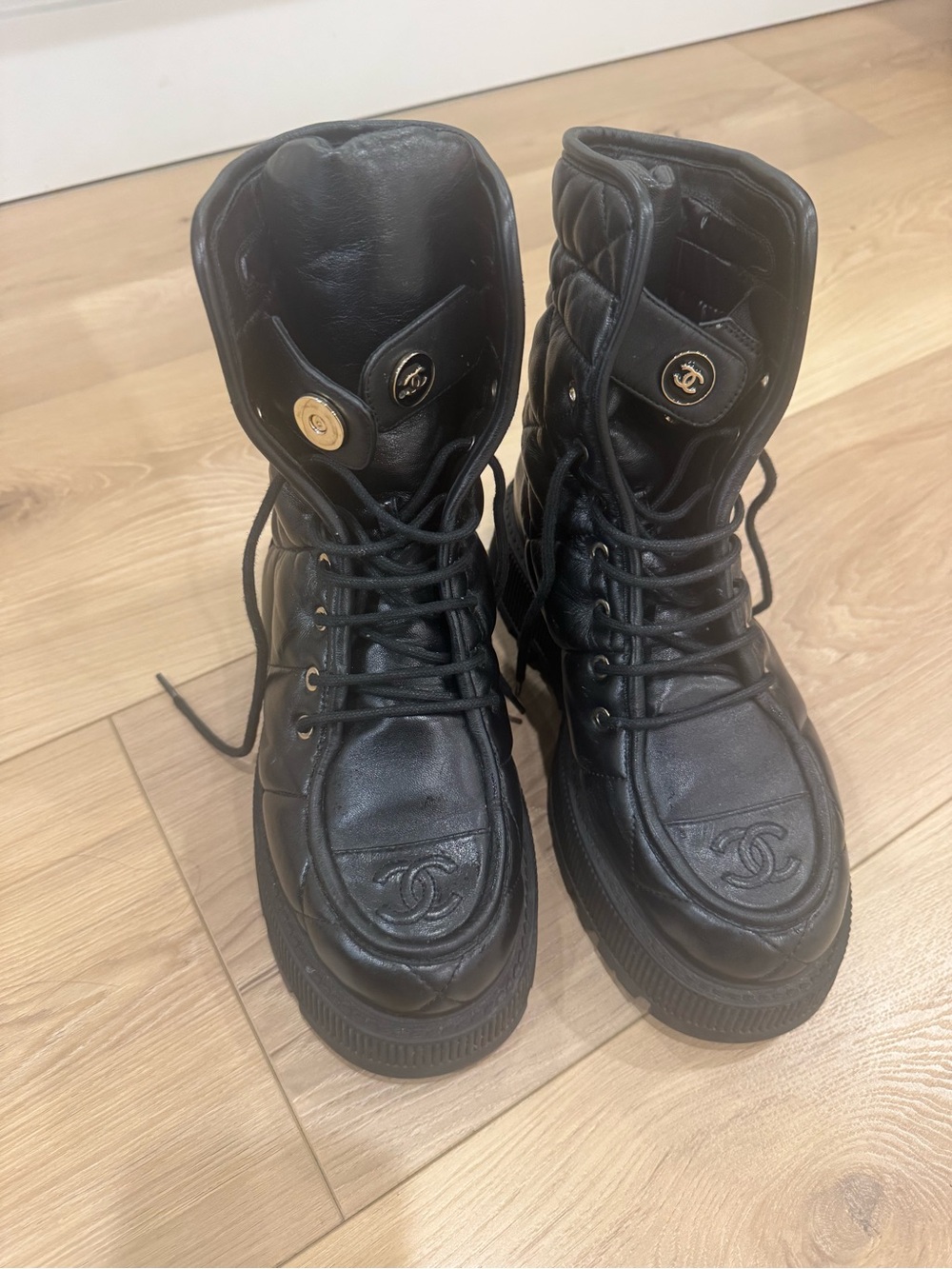 CHANEL Black Quilted Leather Lace-Up Combat Boots. Sheep Leather